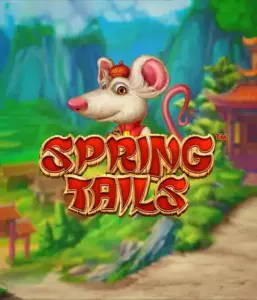 An enchanting illustration of a mouse wearing a red traditional Chinese outfit positioned in front of a scenic mountain backdrop. The image represents the Spring Tails Slot by Betsoft, showcased with prominent gold and red logo text.