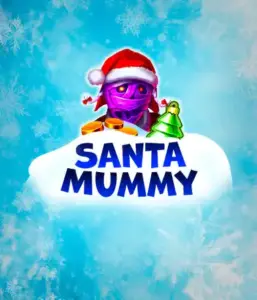  Experience the whimsical "Santa Mummy" slot game by Belatra, highlighting a Santa-clad mummy decked out in festive holiday attire. This colorful image presents the mummy with a vivid purple hue, wearing a Santa hat, surrounded by snowy blue with icy snowflakes. The game's title, "Santa Mummy," is boldly written in large, icy blue letters.